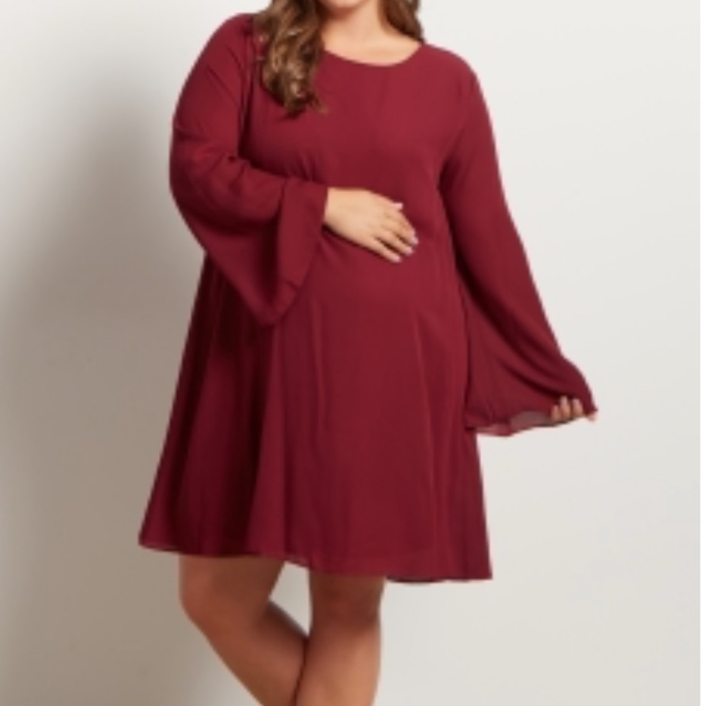 Burgundy Chiffon Bell Sleeve Maternity Dress